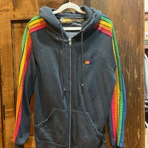 Aviator Nation Charcoal Hoodie with Vibrant Rainbow Stripes